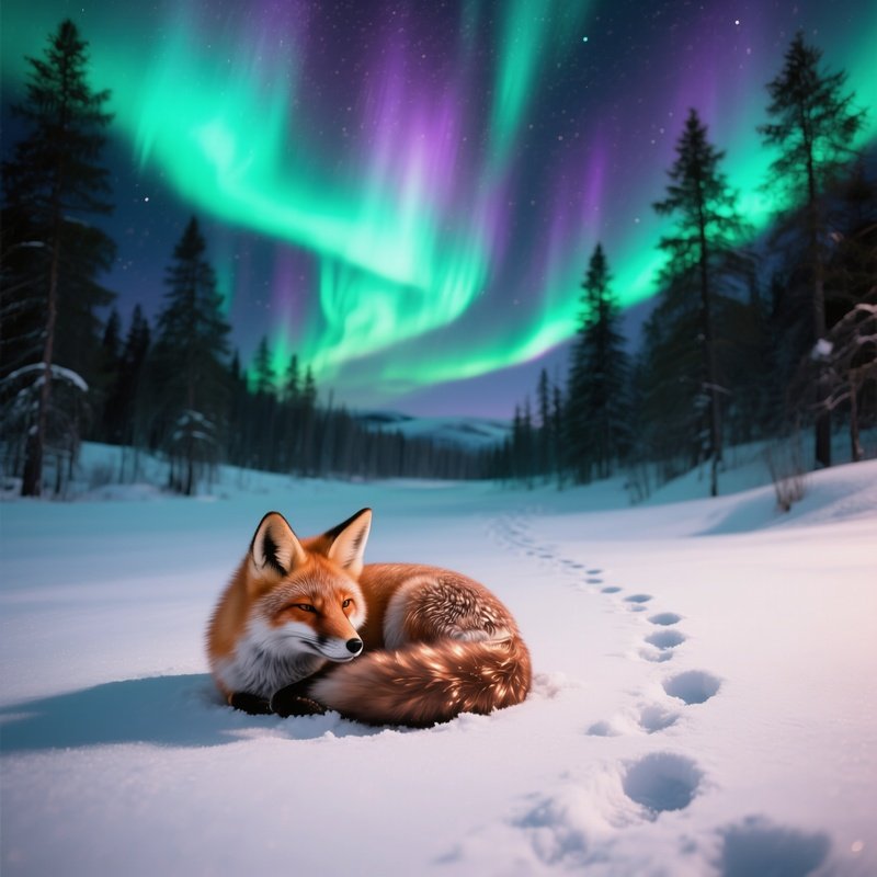 A Polished Copper Fox Curled In The Snow Under Aurora Borealis, Northern Lights Painting The Sky In