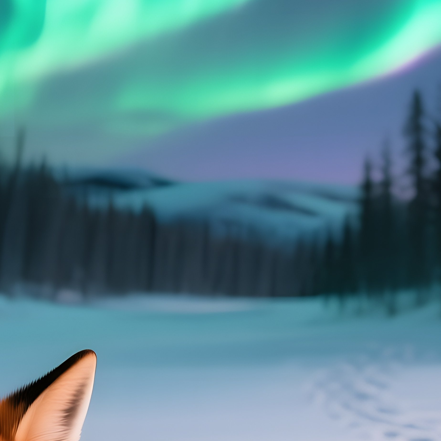 A Polished Copper Fox Curled In The Snow Under Aurora Borealis, Northern Lights Painting The Sky In - Full Resolution Quality Preview