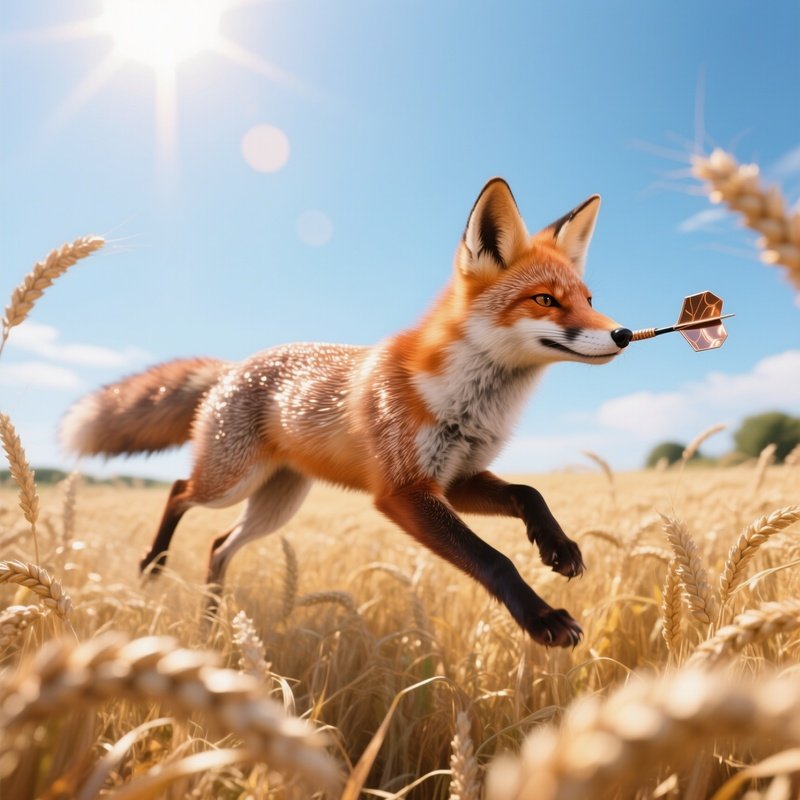 A Polished Copper Fox Darting Through A Field Of Tall Golden Wheat Under A Bright Summer Sky, Sun