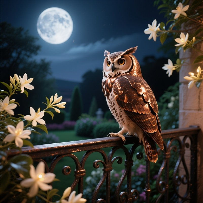 A Polished Copper Owl Perched On A Wrought‑Iron Balcony Rail Overlooking A Moonlit Garden, Jasmine