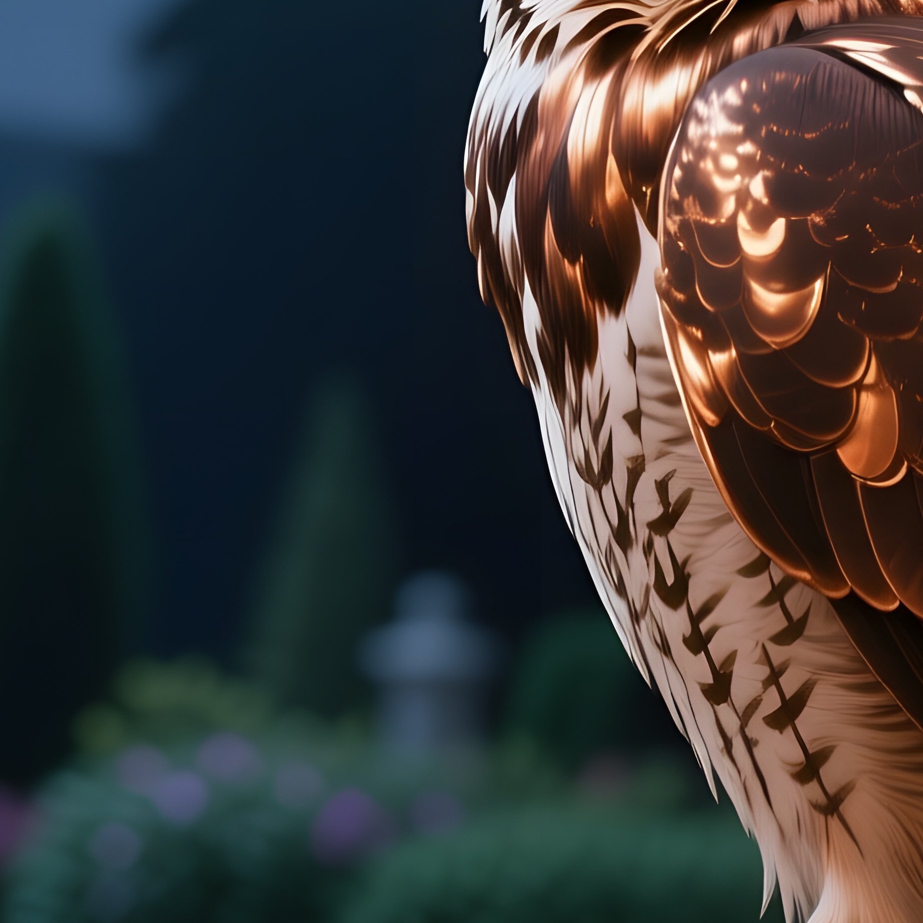 A Polished Copper Owl Perched On A Wrought‑Iron Balcony Rail Overlooking A Moonlit Garden, Jasmine - Full Resolution Quality Preview