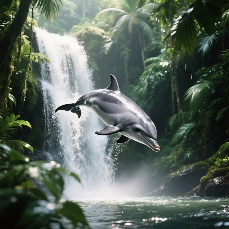 A Polished Silver Dolphin Diving Through A Waterfall In A Tropical Rainforest, Spray Catching