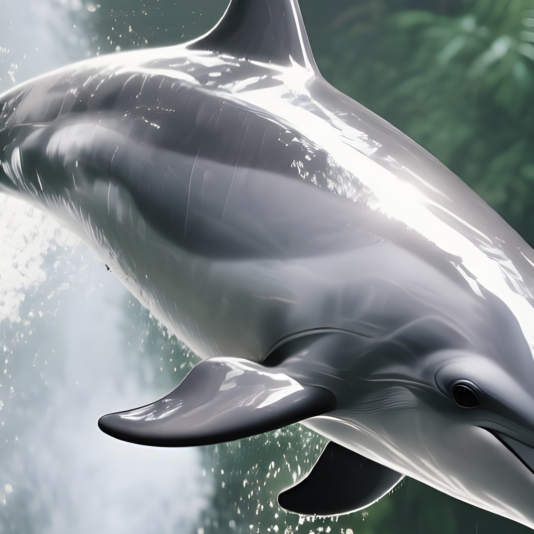 A Polished Silver Dolphin Diving Through A Waterfall In A Tropical Rainforest, Spray Catching - Full Resolution Quality Preview