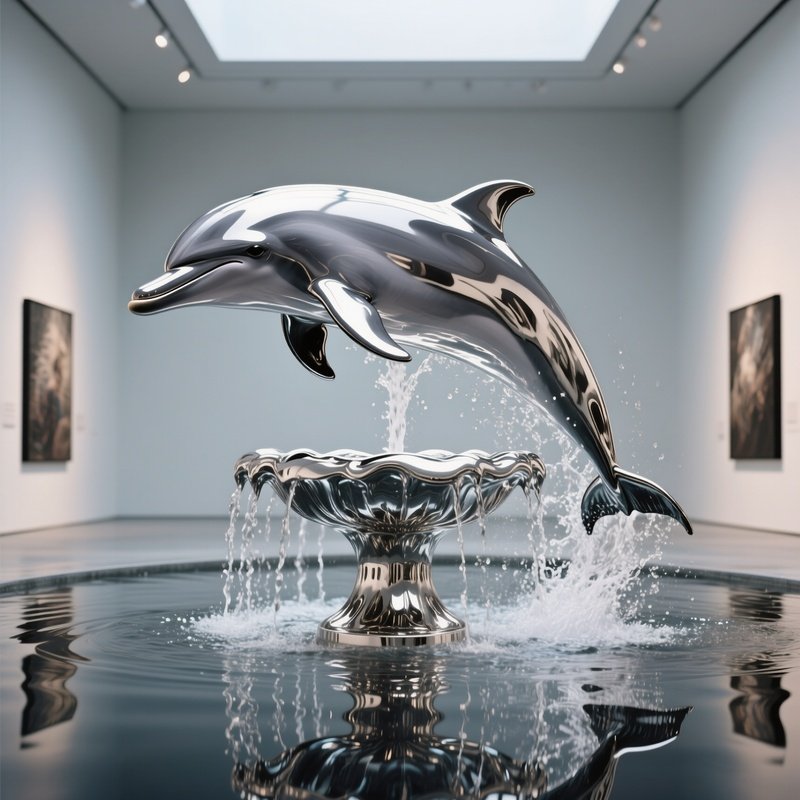 A Polished Silver Dolphin Leaping Through A Fountain Of Liquid Mercury In An Avant‑Garde Gallery,