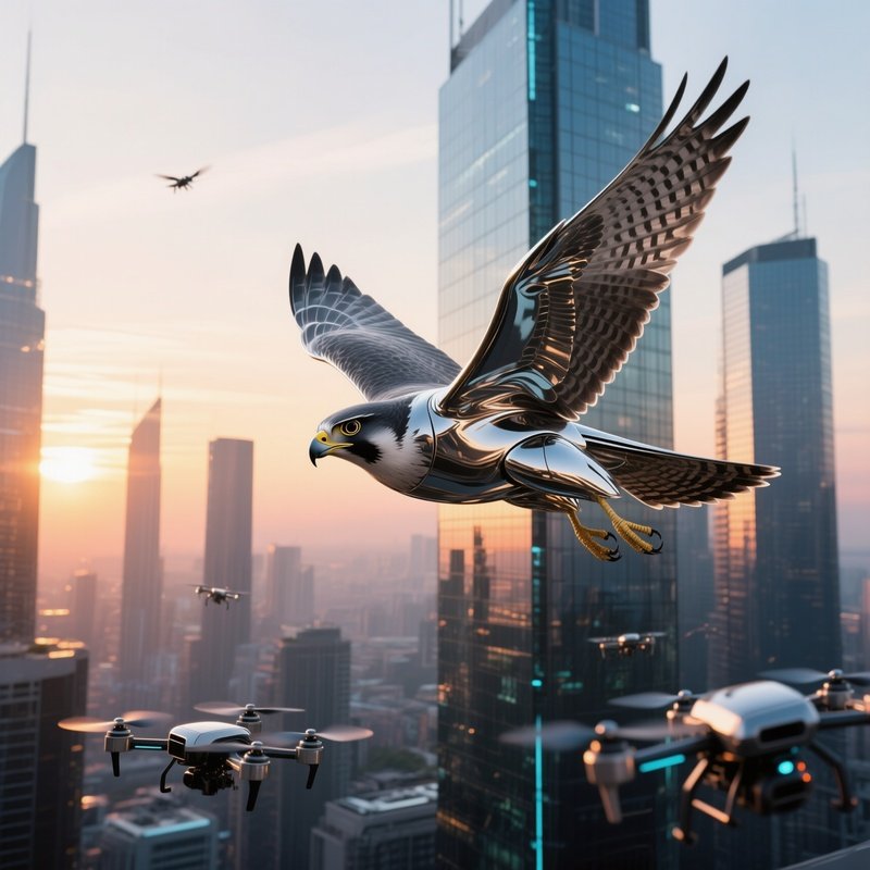 A Polished Steel Falcon Swooping Over A Futuristic City Skyline At Sunset, Glass Towers Reflecting