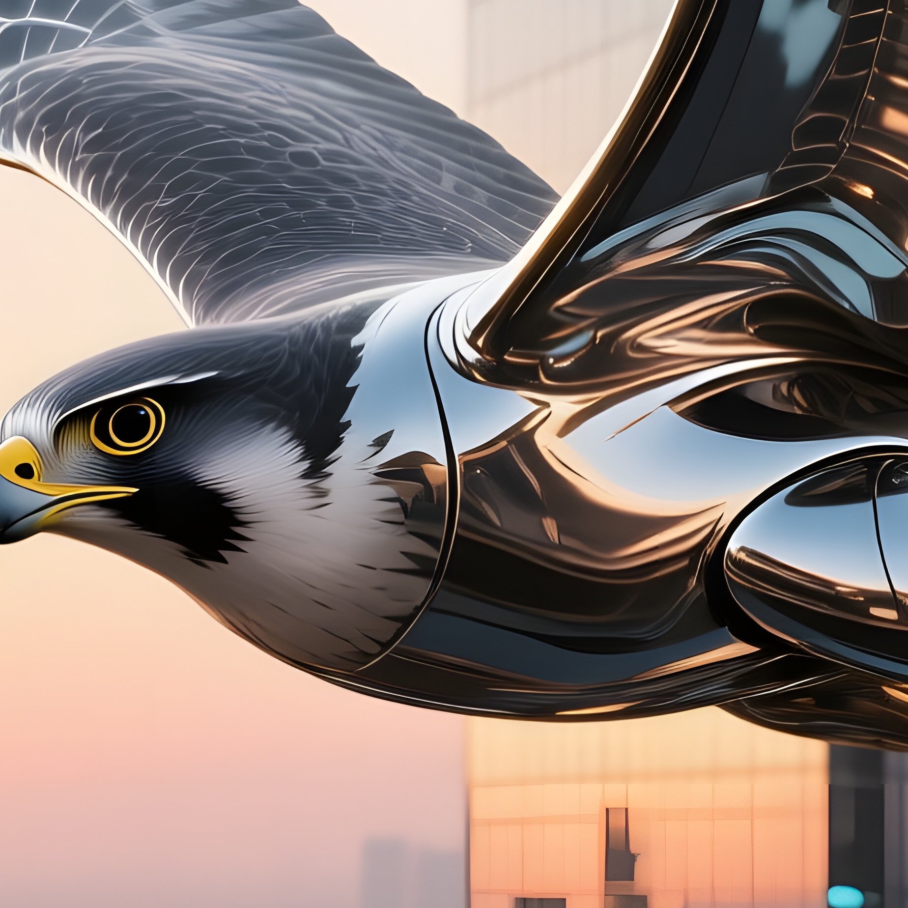 A Polished Steel Falcon Swooping Over A Futuristic City Skyline At Sunset, Glass Towers Reflecting - Full Resolution Quality Preview