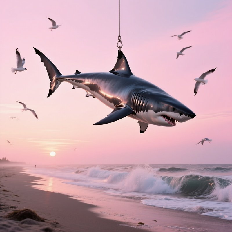 A Polished Steel Shark Suspended Mid‑Air Above A Deserted Beach At Sunrise, Waves Crashing Below,