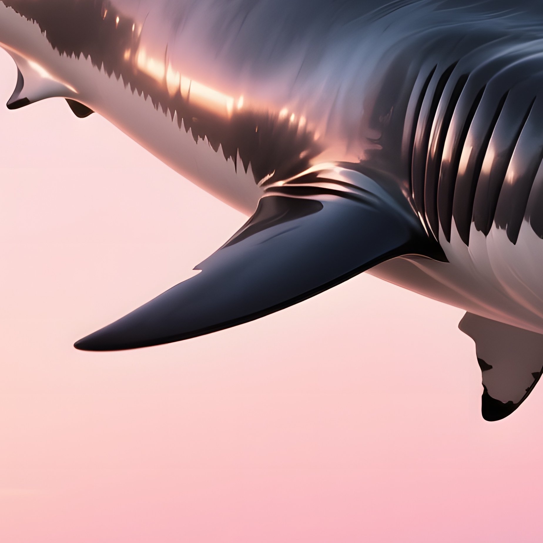 A Polished Steel Shark Suspended Mid‑Air Above A Deserted Beach At Sunrise, Waves Crashing Below, - Full Resolution Quality Preview