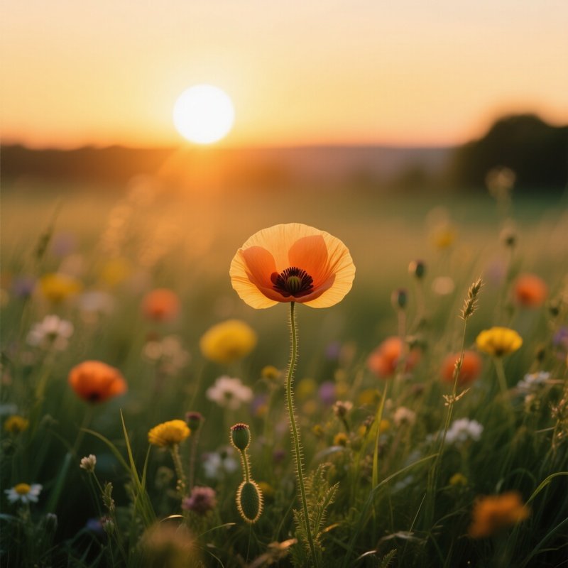 A Poppy Flower In A Field Sunset Nature