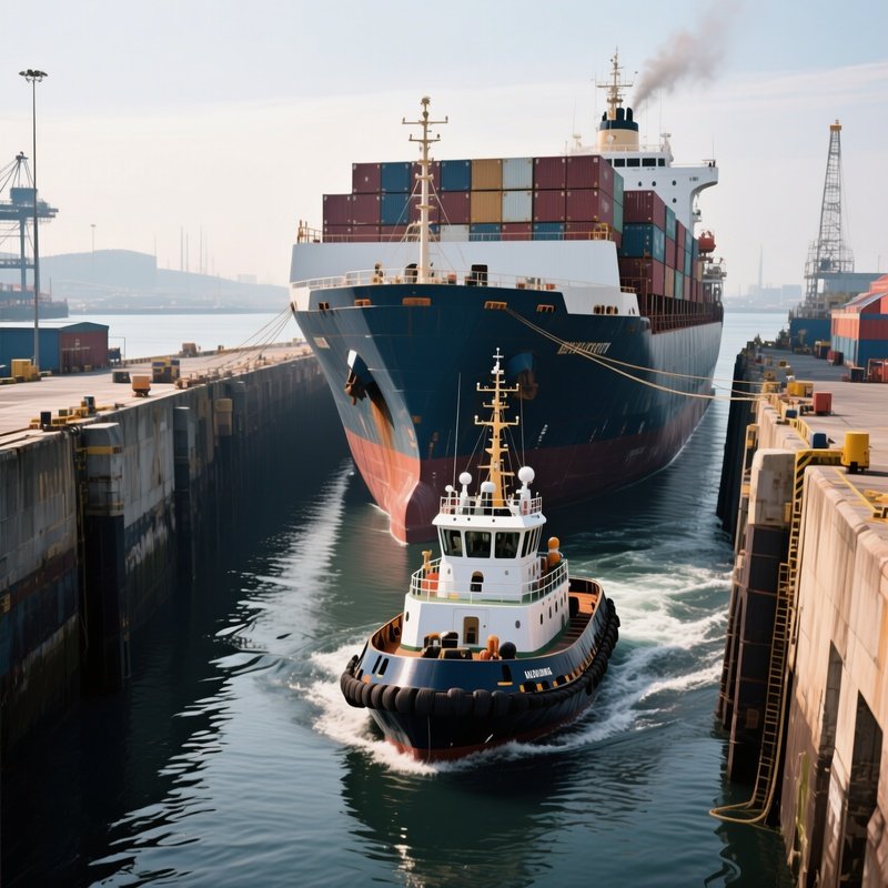 A Port Tug Turning A Heavy Cargo Ship Inside A Tight Harbor Basin