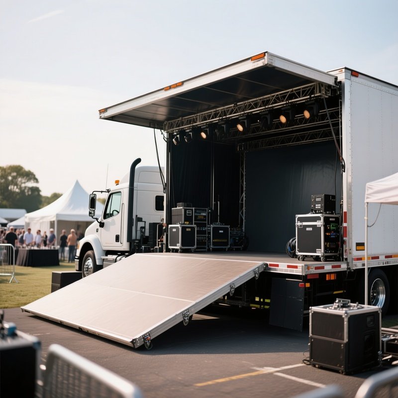 A Portable Stage Truck Unfolding Equipment At An Event Site