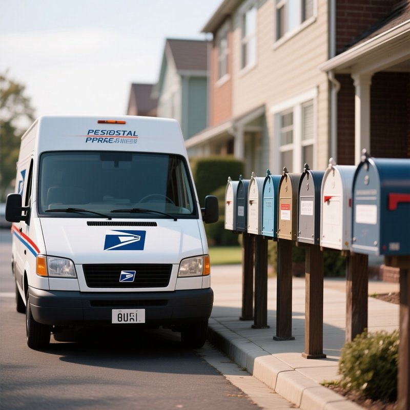 A Postal Delivery Van Stopping At A Row Of Mailboxes