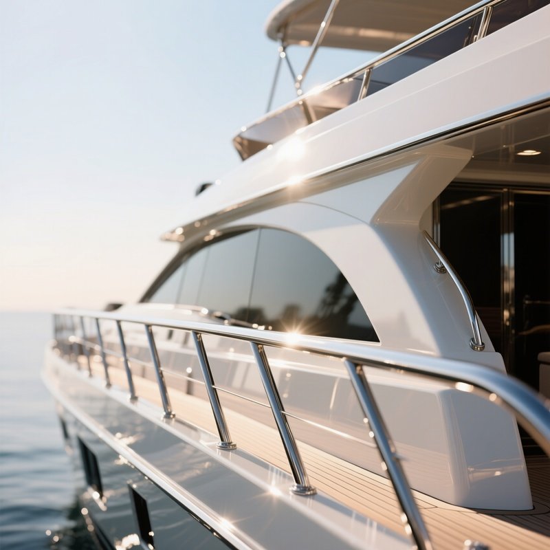A Premium Motor Yacht With Reflective Chrome Railings In Sunlight