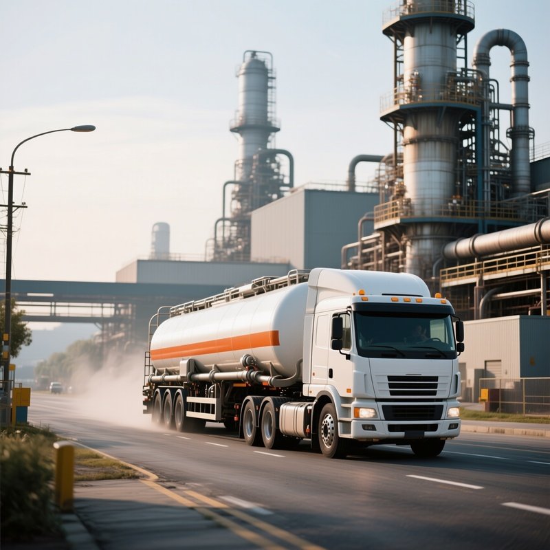 A Pressurized Gas Tanker Truck Approaching An Industrial Plant