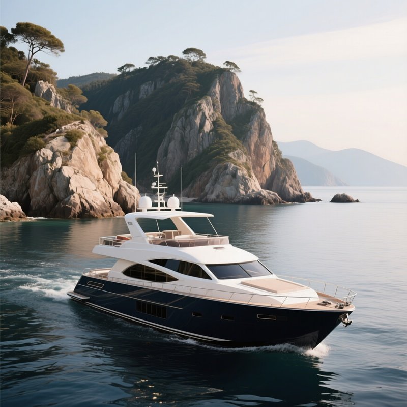 A Private Yacht Drifting Near A Rocky Island Shoreline