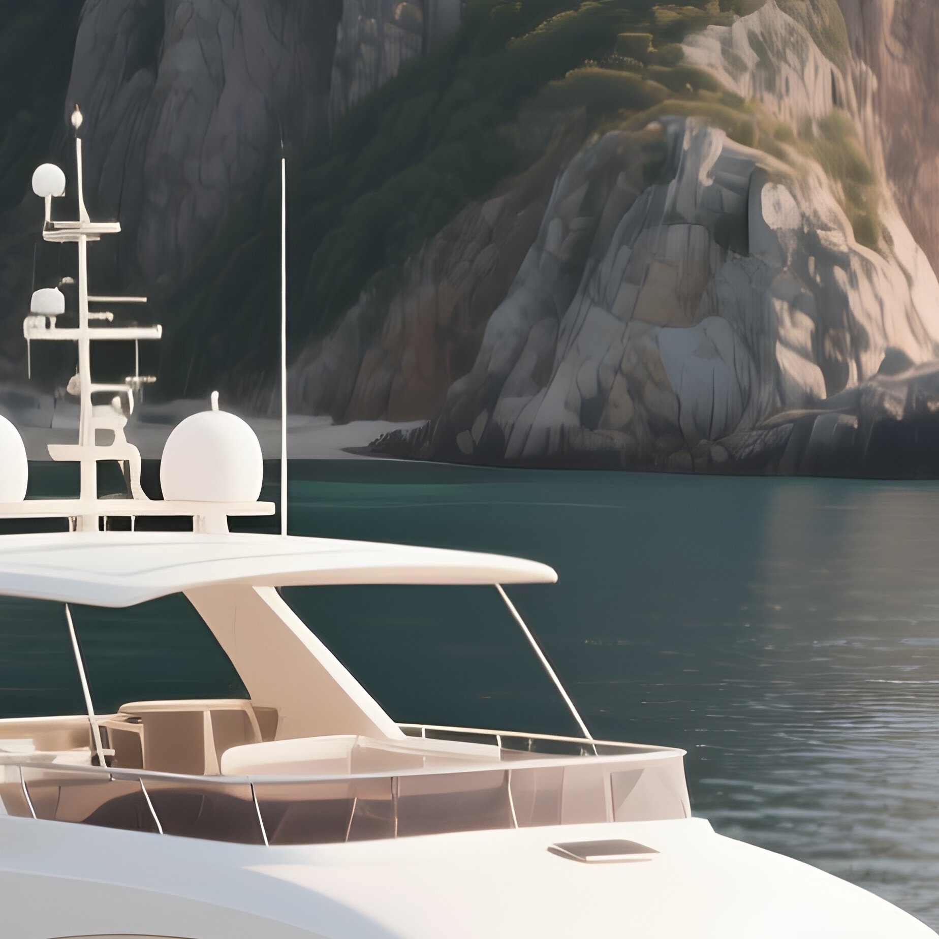 A Private Yacht Drifting Near A Rocky Island Shoreline - Full Resolution Quality Preview