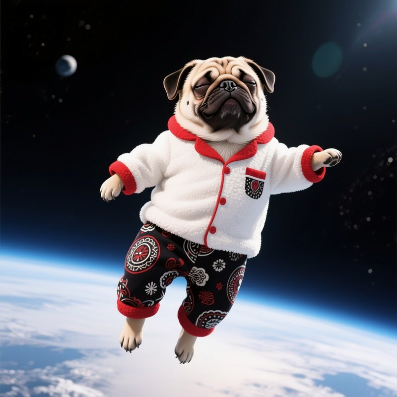 A Pug Floating In Zero Gravity Wearing Pajamas 2