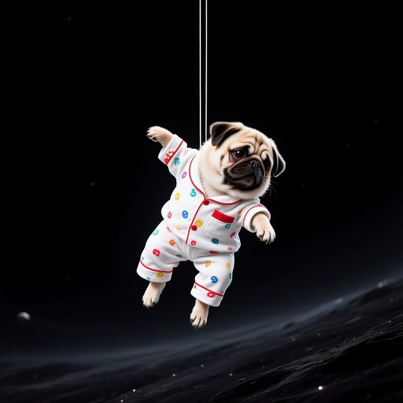A Pug Floating In Zero Gravity Wearing Pajamas