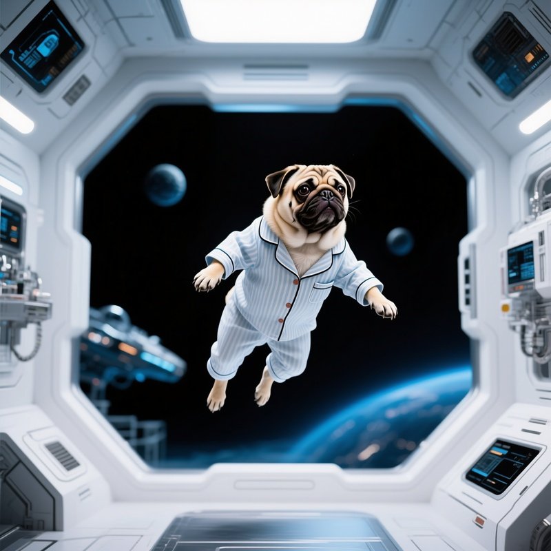 A Pug Floating In Zero Gravity Wearing Pajamas