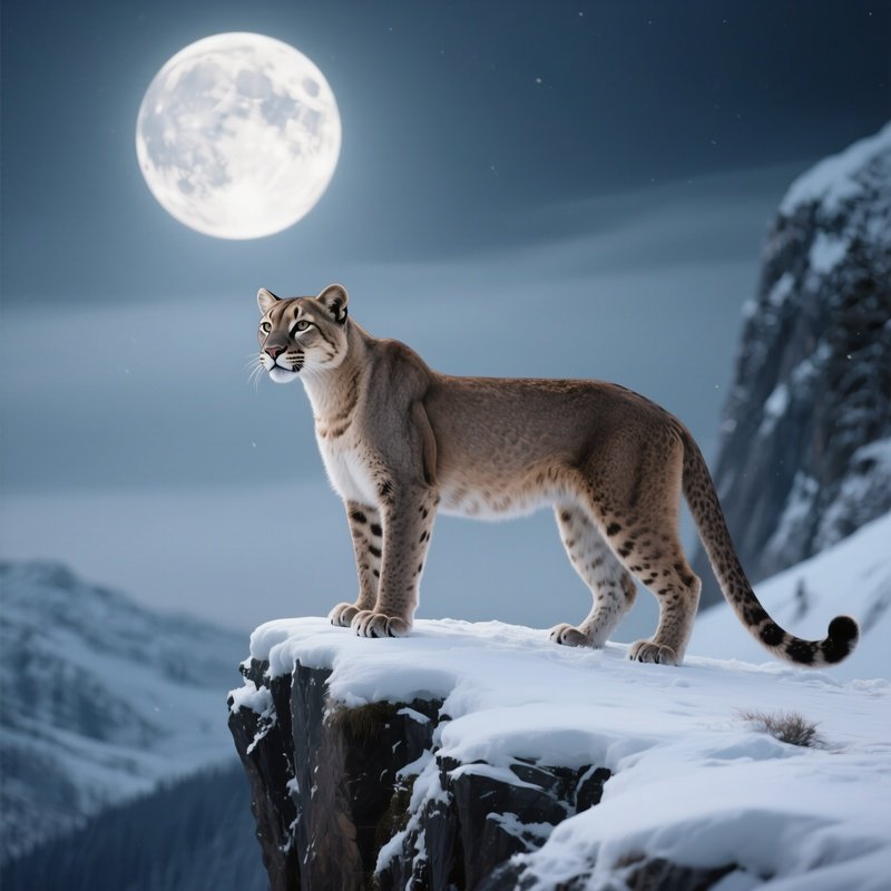 A Puma Standing On A Snowy Cliff Under Full Moon.