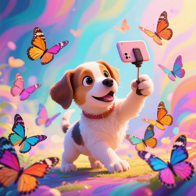 A Puppy Taking Selfies With Butterflies Digital Art
