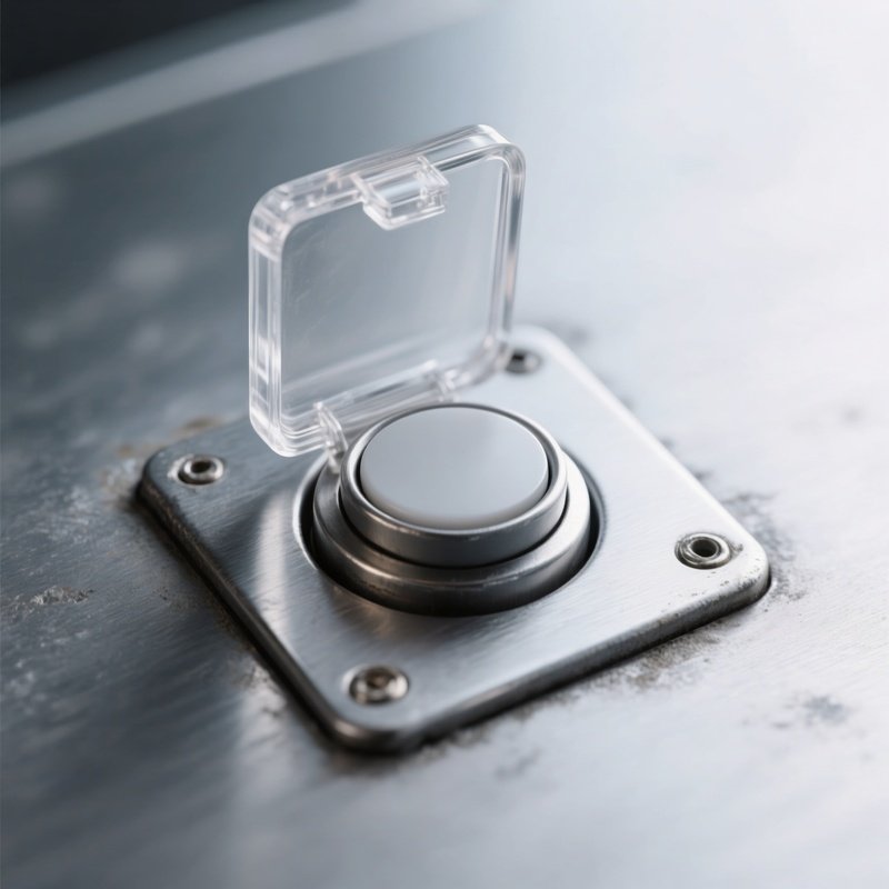 A Push Button Recessed Into A Metal Housing Protected By A Clear Unlabelled Flip Up Cover