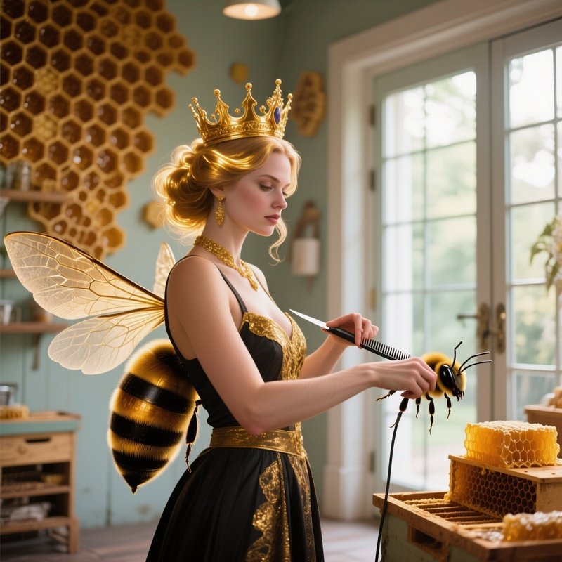 A Queen Bee Inspired Woman With Golden Highlights Gets A Precise Cut In An Apiary, Honeycomb