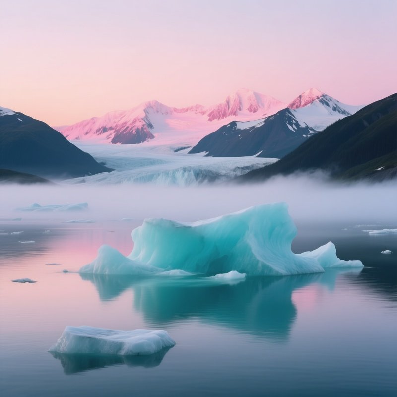A Quiet Alaskan Glacier Lagoon At Sunrise, Turquoise Icebergs Floating, Mist Rising From Cold