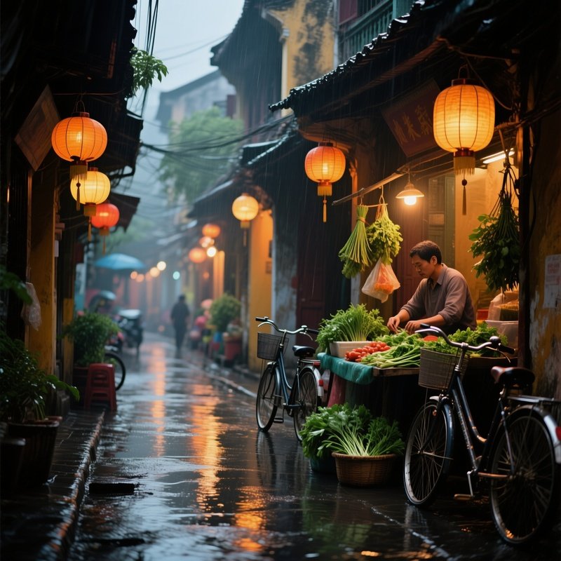 A Quiet Alley In Old Hanoi Lined With Lanterns, Rain Soaked Streets Reflecting Soft Amber Glows,