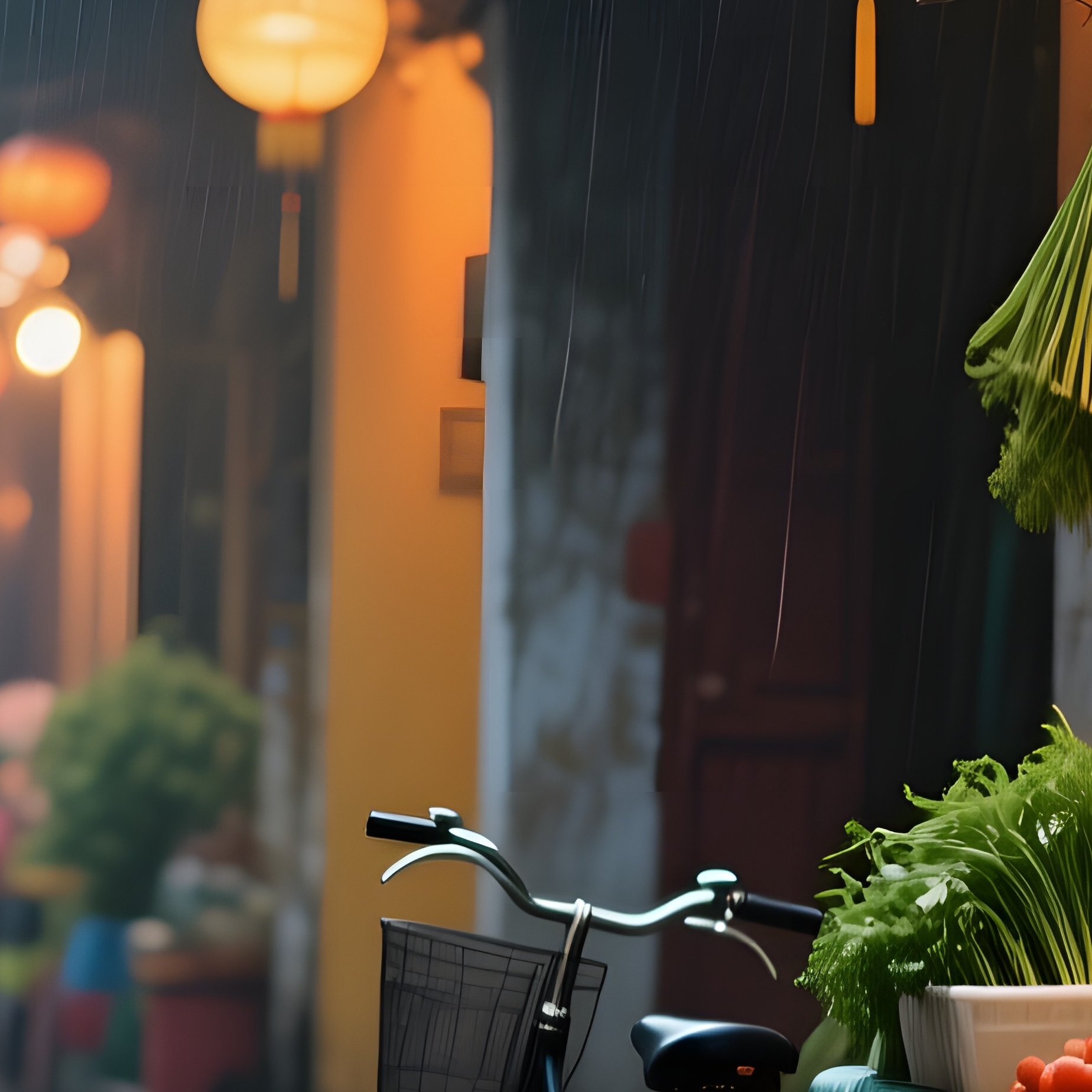 A Quiet Alley In Old Hanoi Lined With Lanterns, Rain Soaked Streets Reflecting Soft Amber Glows, - Full Resolution Quality Preview