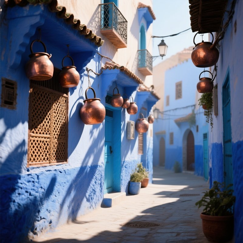 A Quiet Alleyway In Fez Lined With Blue Washed Walls, Copper Pots Hanging From Balconies, And