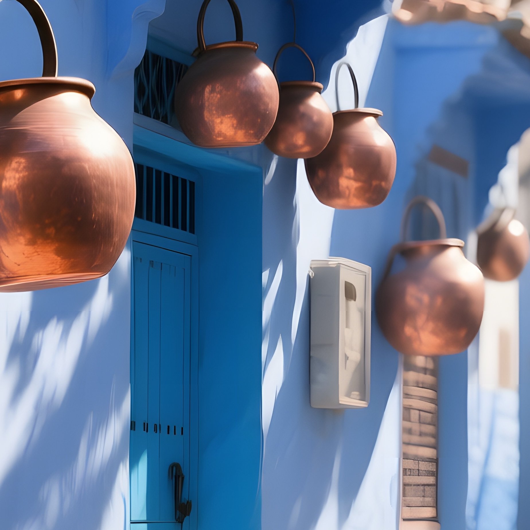 A Quiet Alleyway In Fez Lined With Blue Washed Walls, Copper Pots Hanging From Balconies, And - Full Resolution Quality Preview