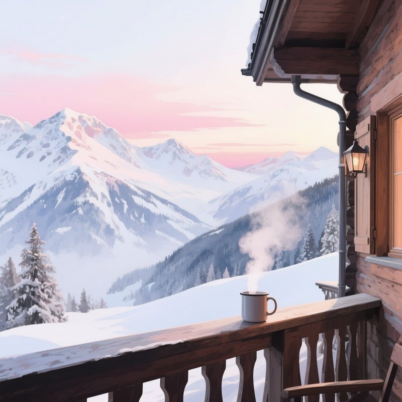 A Quiet Alpine Chalet Balcony Overlooking Snow Covered Peaks, Steam Rising From Mug, Watercolor