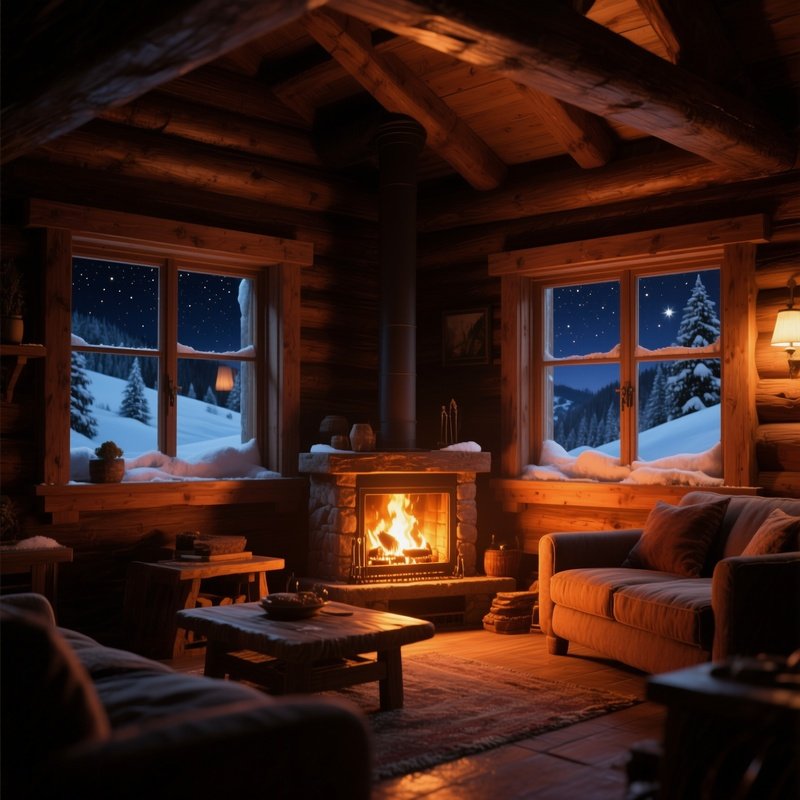 A Quiet Alpine Chalet Interior Illuminated By A Roaring Fireplace, Warm Amber Light Spilling Onto