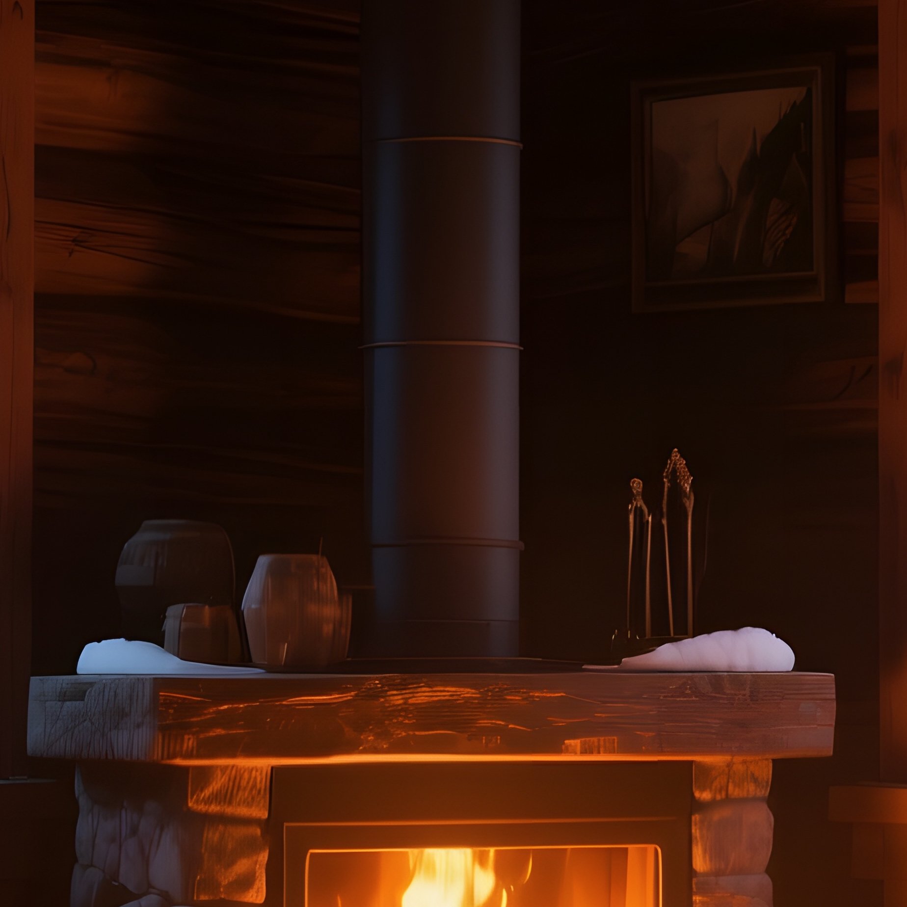 A Quiet Alpine Chalet Interior Illuminated By A Roaring Fireplace, Warm Amber Light Spilling Onto - Full Resolution Quality Preview