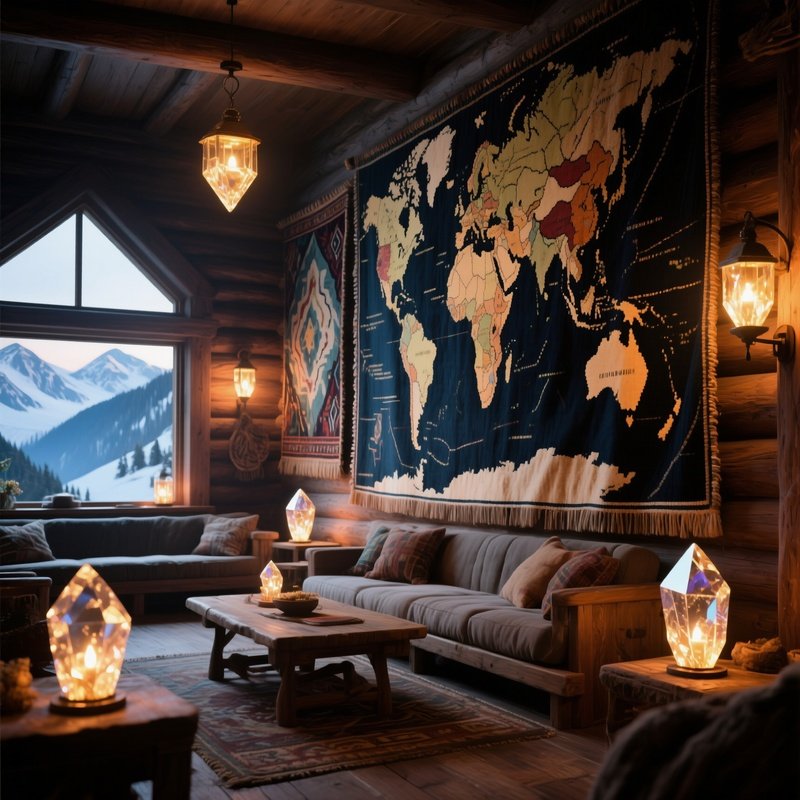 A Quiet Alpine Lodge Interior, Walls Lined With Massive Tapestries Depicting Abstract Maps Of