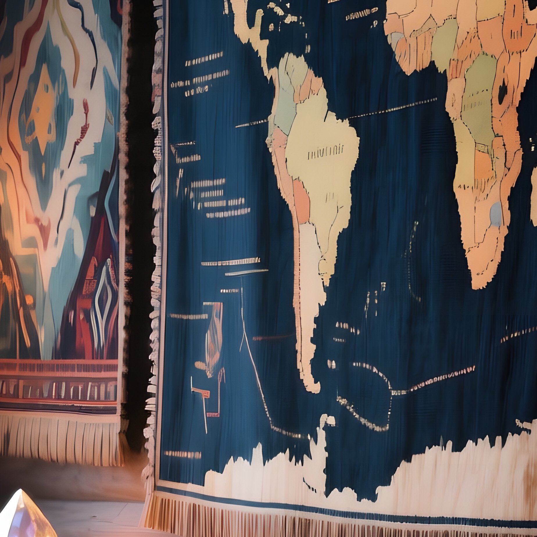 A Quiet Alpine Lodge Interior, Walls Lined With Massive Tapestries Depicting Abstract Maps Of - Full Resolution Quality Preview