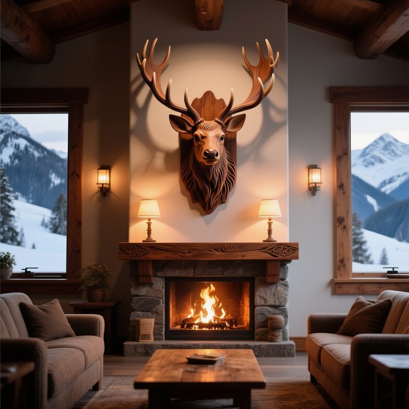 A Quiet Alpine Lodge Lobby Featuring A Carved Wooden Elk Head Mounted On The Wall, Soft Firelight