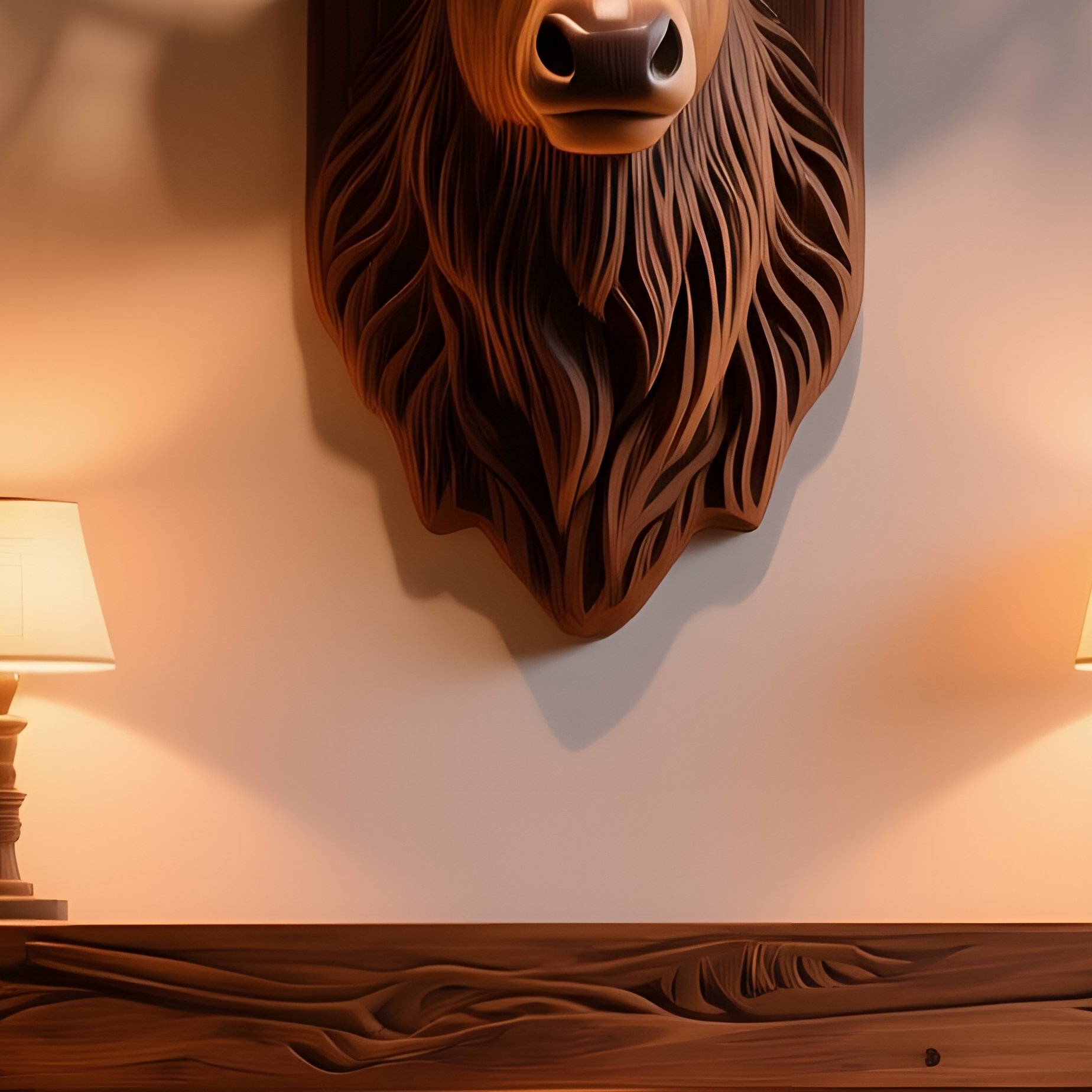 A Quiet Alpine Lodge Lobby Featuring A Carved Wooden Elk Head Mounted On The Wall, Soft Firelight - Full Resolution Quality Preview