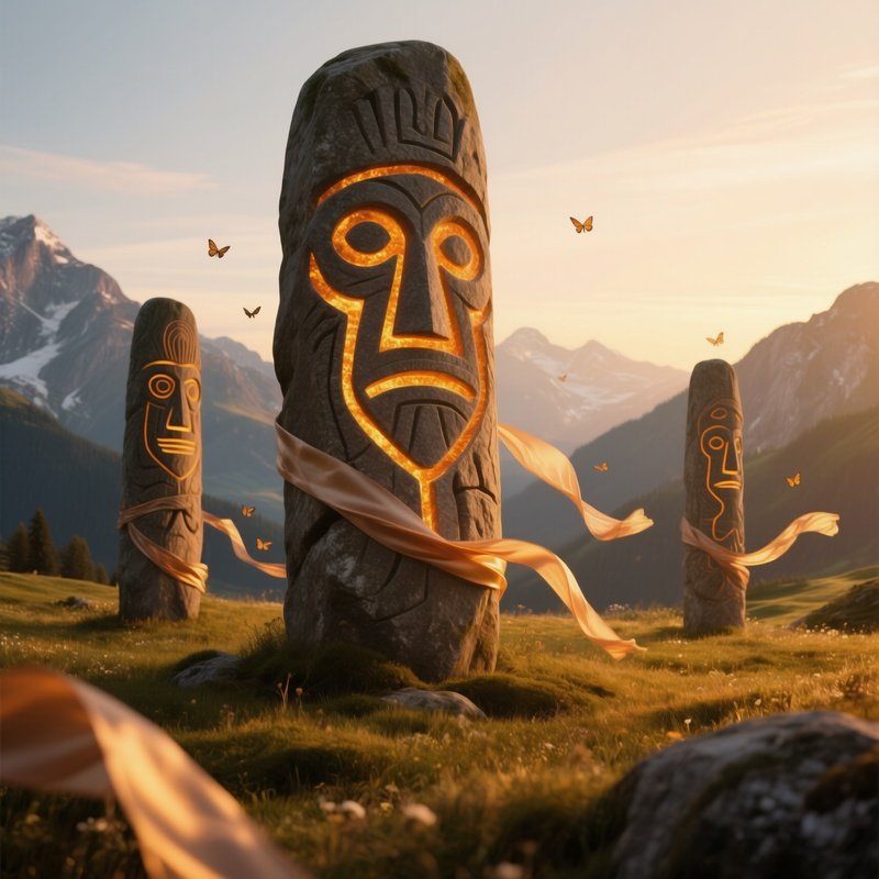 A Quiet Alpine Meadow At Golden Hour, Massive Stone Totems Etched With Abstract Faces Emit A Warm