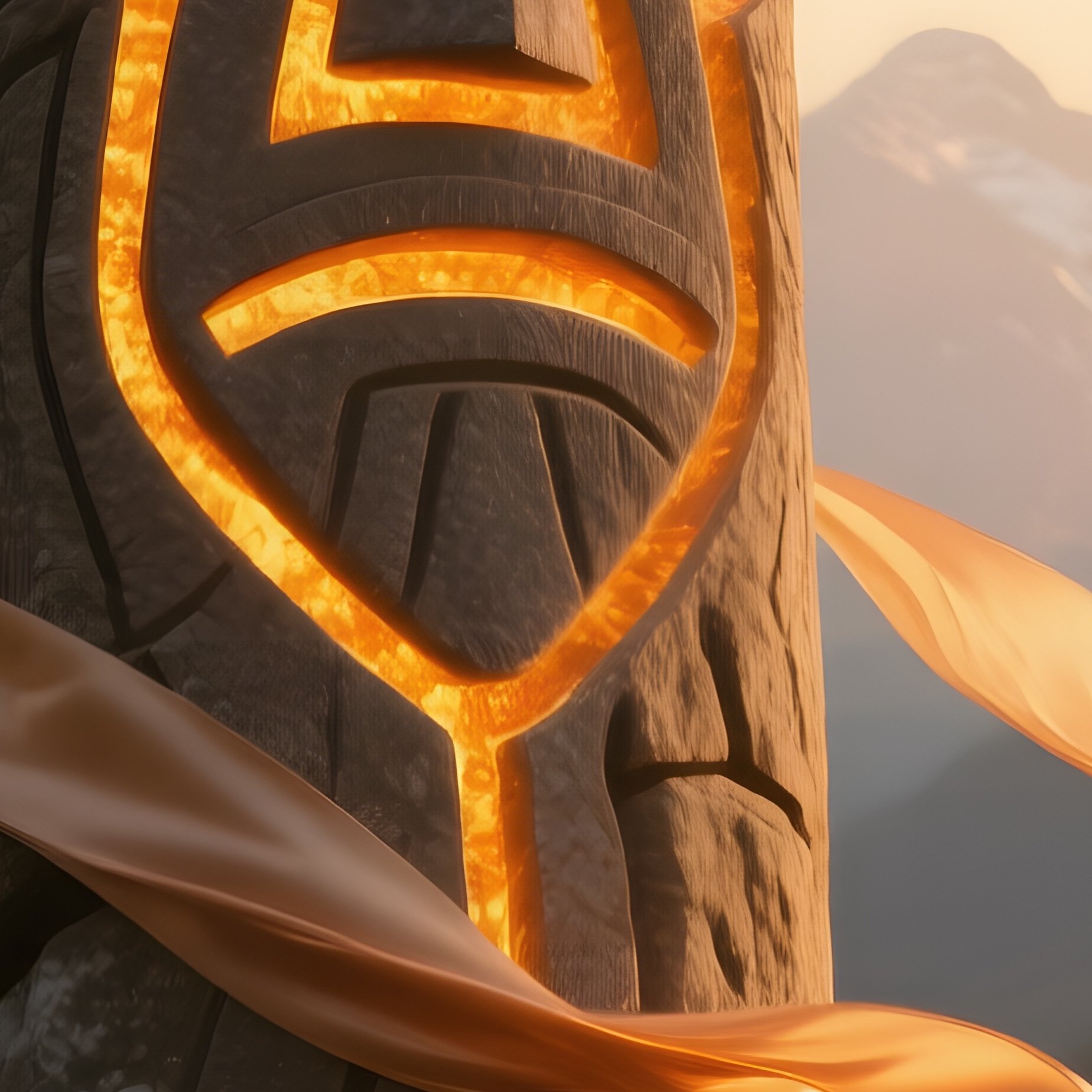 A Quiet Alpine Meadow At Golden Hour, Massive Stone Totems Etched With Abstract Faces Emit A Warm - Full Resolution Quality Preview