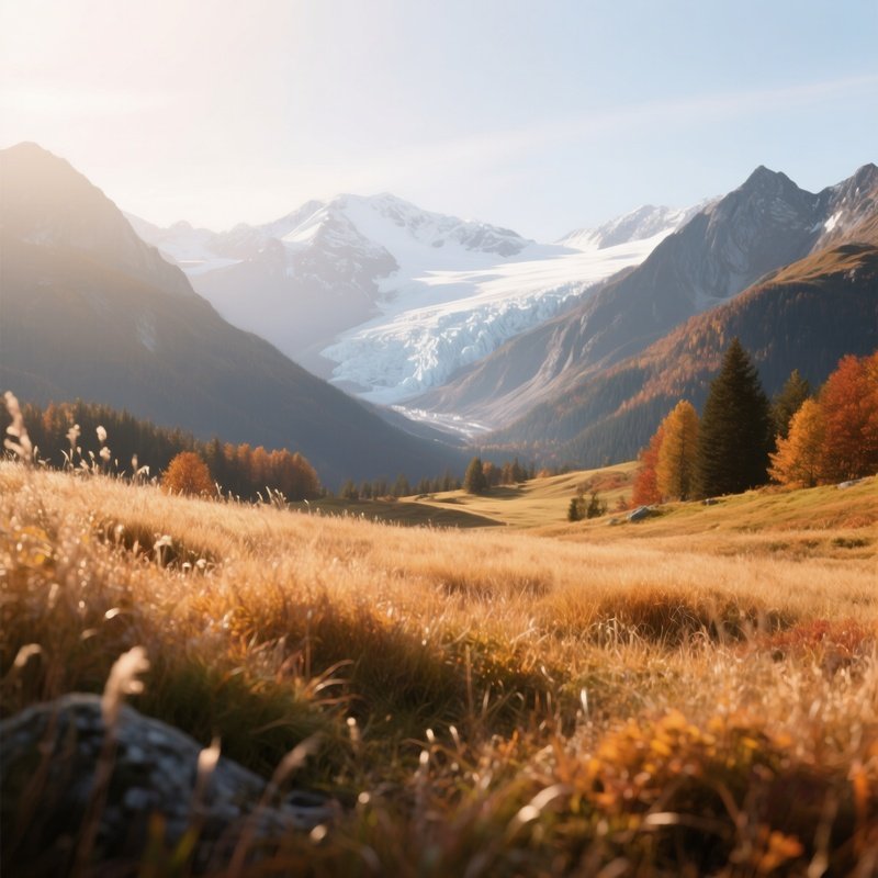A Quiet Alpine Meadow In Early Autumn, Grasses Turning Amber, Distant Glacier Glinting, Soft
