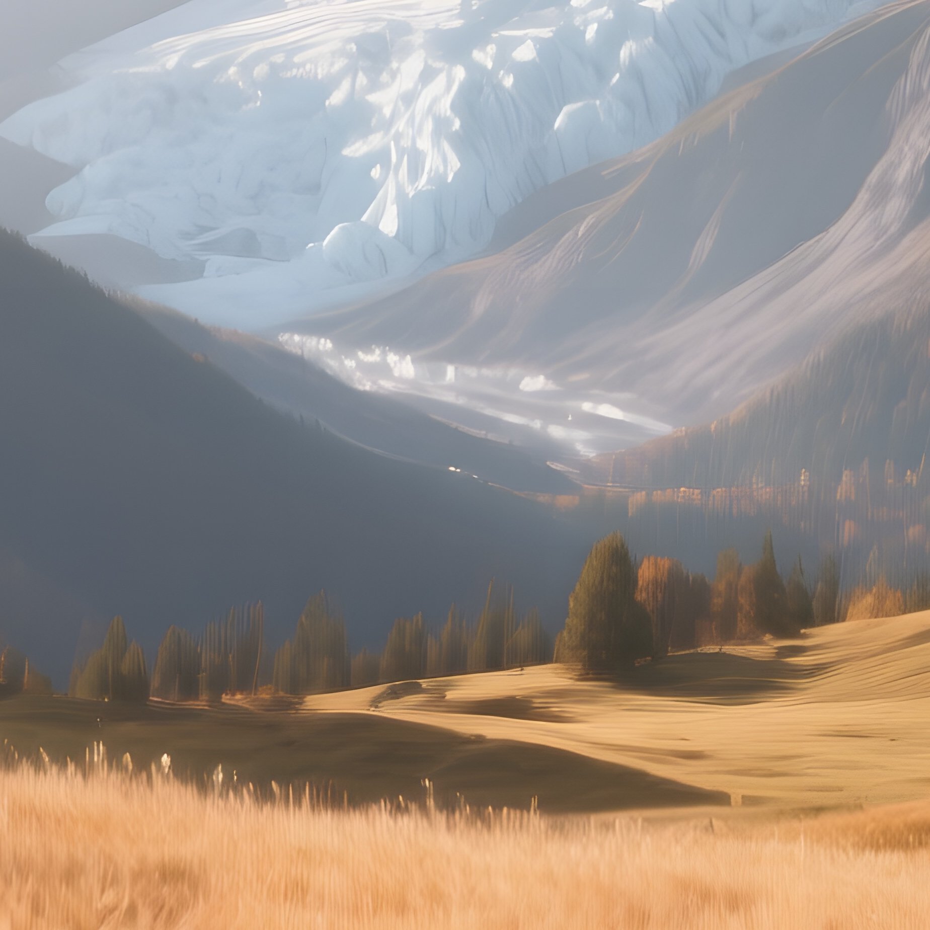 A Quiet Alpine Meadow In Early Autumn, Grasses Turning Amber, Distant Glacier Glinting, Soft - Full Resolution Quality Preview