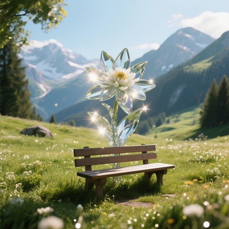 A Quiet Alpine Meadow In Early Summer, A Wooden Bench Beneath A Large Glass Sculpture Of Edelweiss