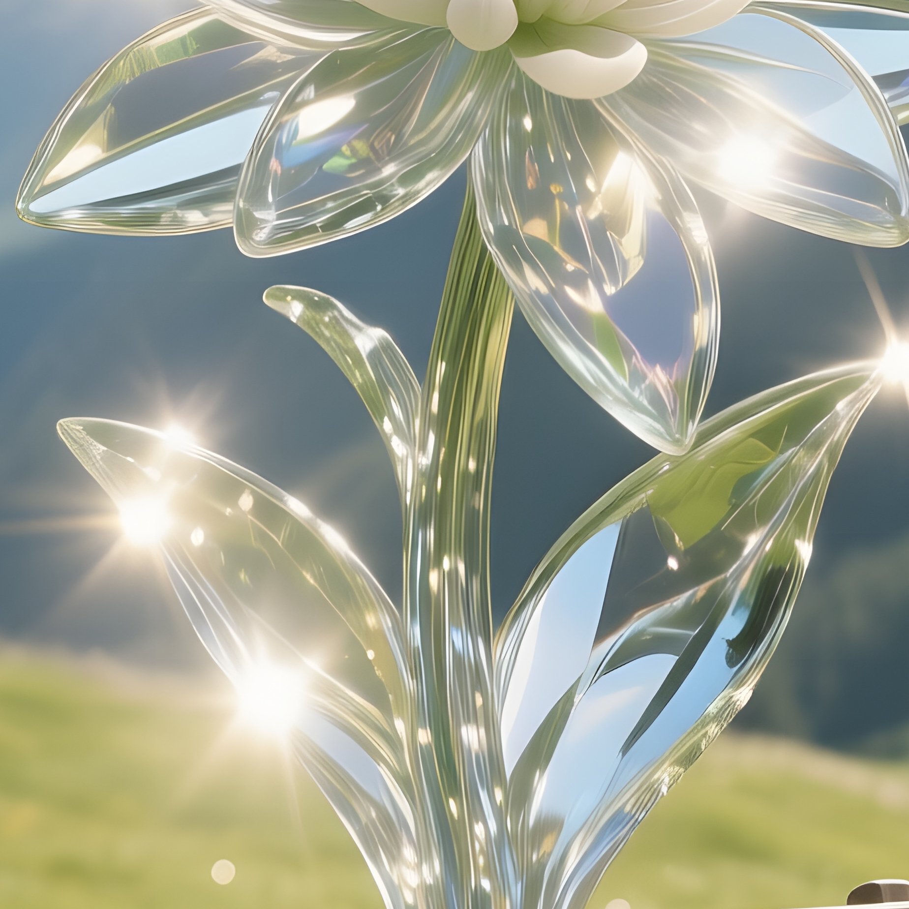 A Quiet Alpine Meadow In Early Summer, A Wooden Bench Beneath A Large Glass Sculpture Of Edelweiss - Full Resolution Quality Preview