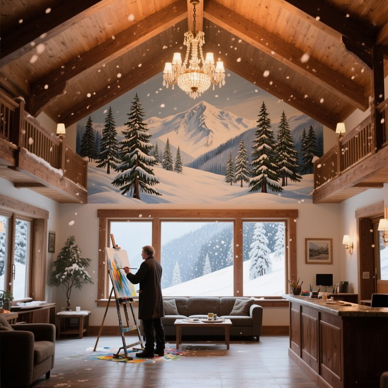 A Quiet Alpine Ski Lodge Lobby, Snowflakes Drifting Outside As A Painter Creates A Crisp Fresco Of