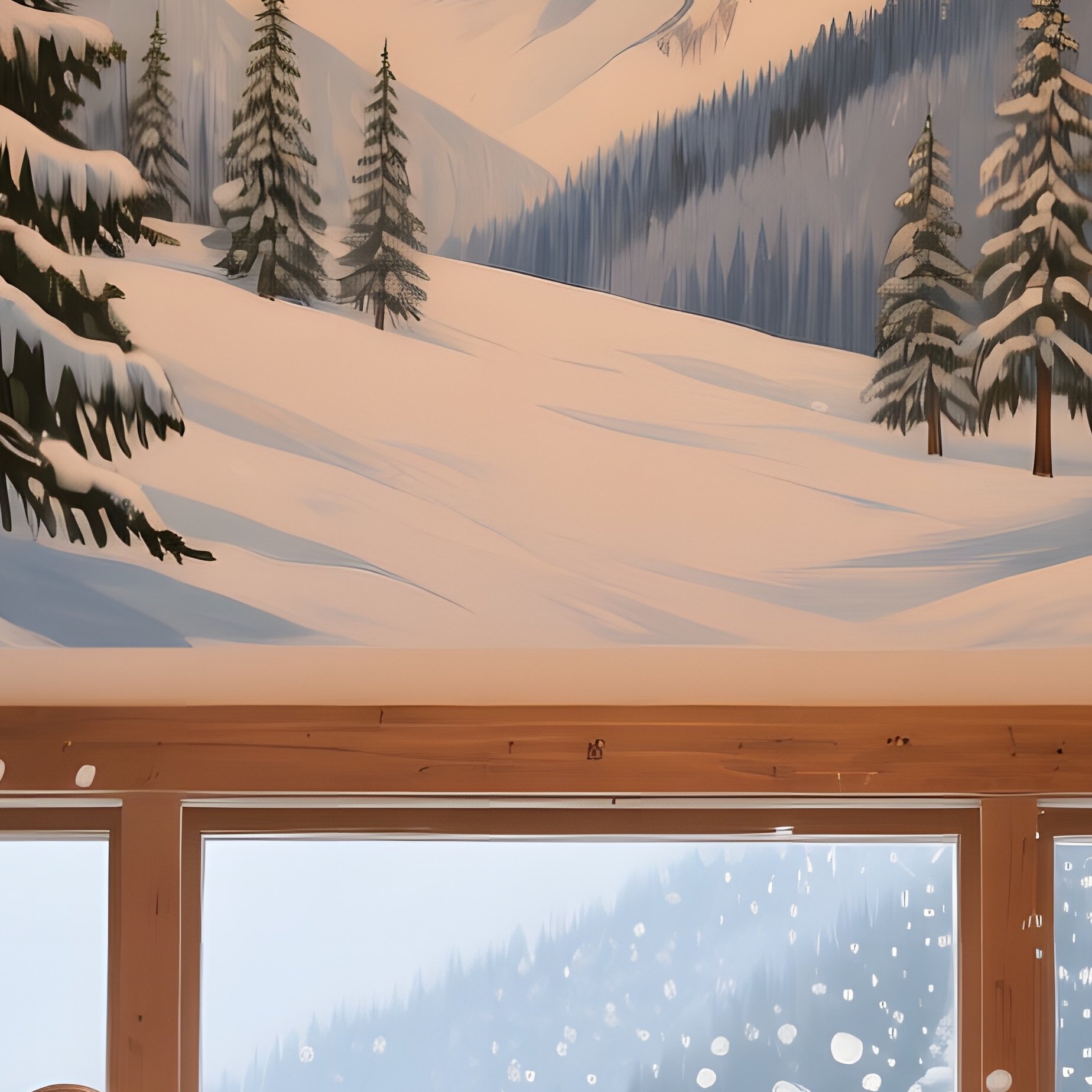 A Quiet Alpine Ski Lodge Lobby, Snowflakes Drifting Outside As A Painter Creates A Crisp Fresco Of - Full Resolution Quality Preview