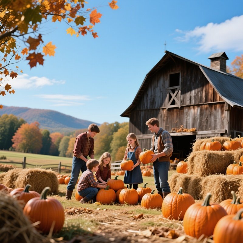 A Quiet Appalachian Fall Harvest Scene With Families Gathering Pumpkins, Hay Bales Stacked, Rustic