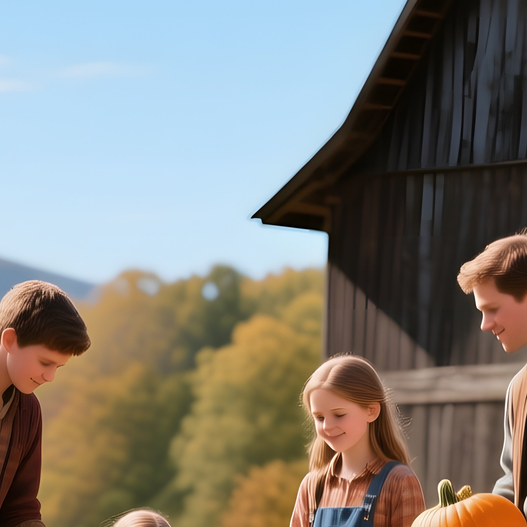 A Quiet Appalachian Fall Harvest Scene With Families Gathering Pumpkins, Hay Bales Stacked, Rustic - Full Resolution Quality Preview