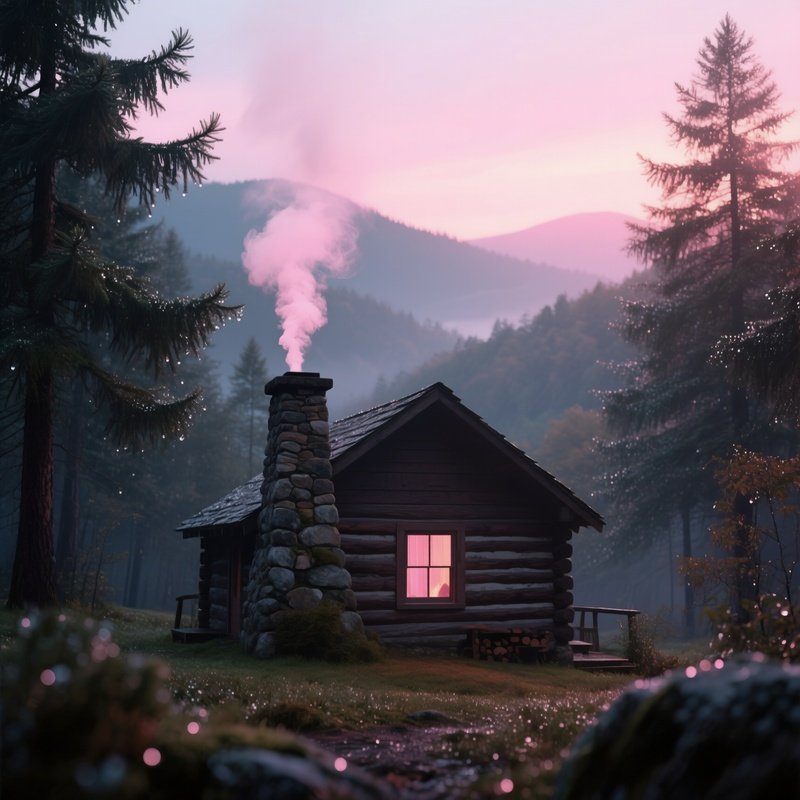 A Quiet Appalachian Mountain Cabin At Dawn, Smoke Curling From The Stone Chimney, Pine Trees